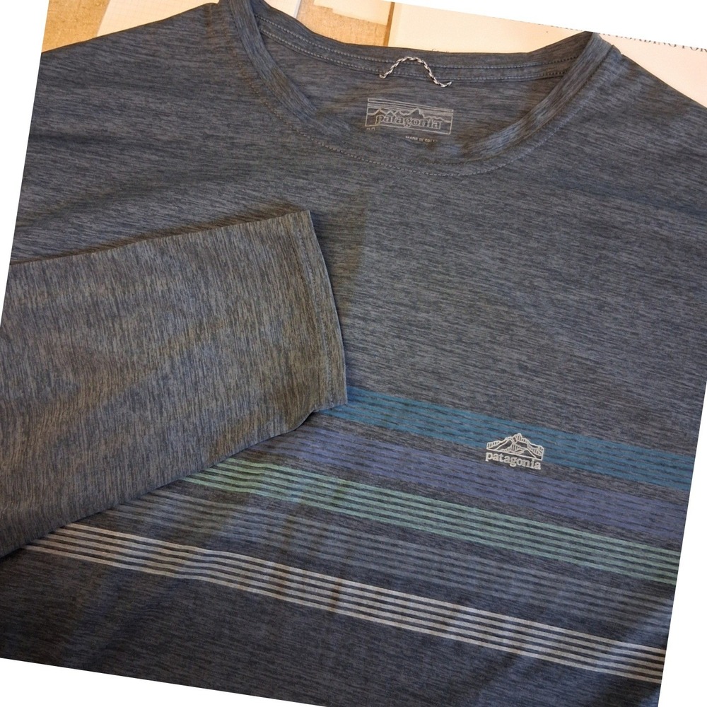 Patagonia Mens LS Capilene Cool Daily Graphic Shirt Stripes Lightweight Blue EUC
